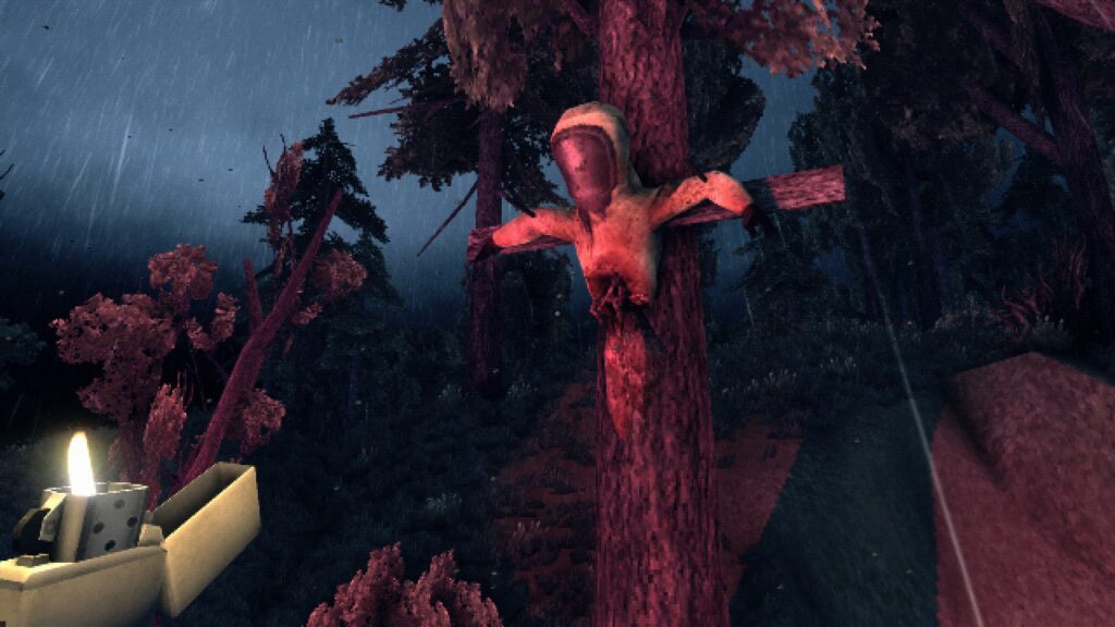 Chasing Static In-game Screenshot of man pinned to tree