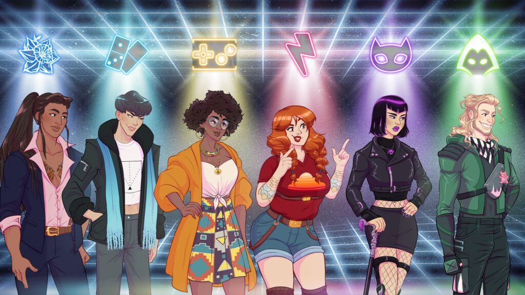 Arcade Spirits: The New Challengers Key Art with 6 people representing 6 colours on the screen