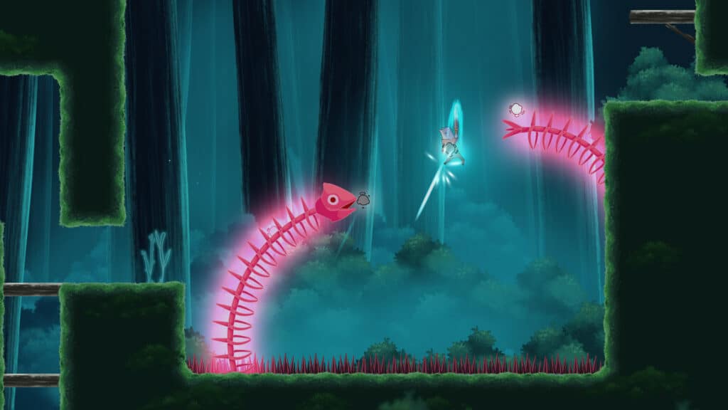 Islets Steam Screenshot 1 - the main character is jumping away from an enemy in a 2D platformer
