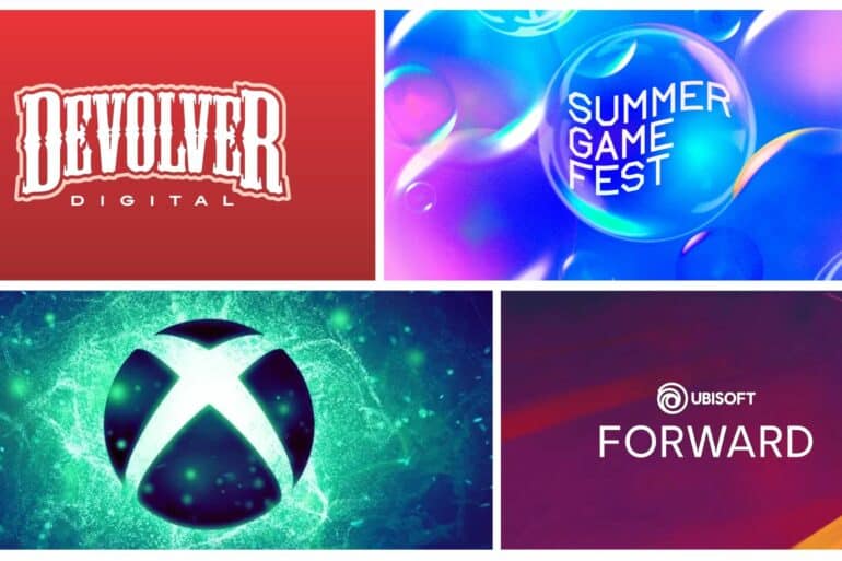 Video Game Events July 2023 Collage, including SUmmer Game Fest, Devolver Digital, Xbox Games Showcase, and Ubisoft Forward