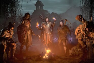 Diablo 4 Screenshot of different classes sitting around a fire