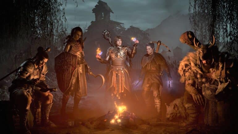 Diablo 4 Screenshot of different classes sitting around a fire