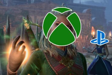 Baldur's Gate 3 characters with the Xbox and PlayStation logo over their faces