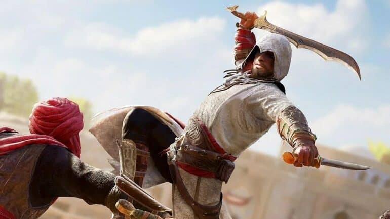 Basim attacking someone with a sword in Assassin's Creed Mirage