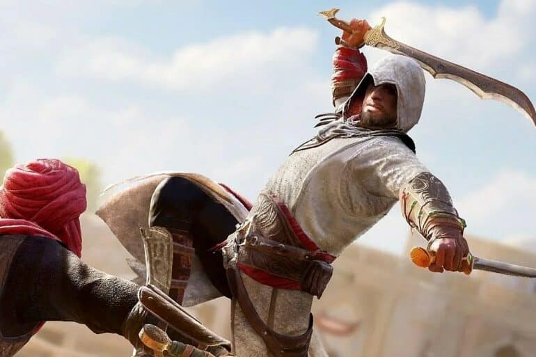 Basim attacking someone with a sword in Assassin's Creed Mirage