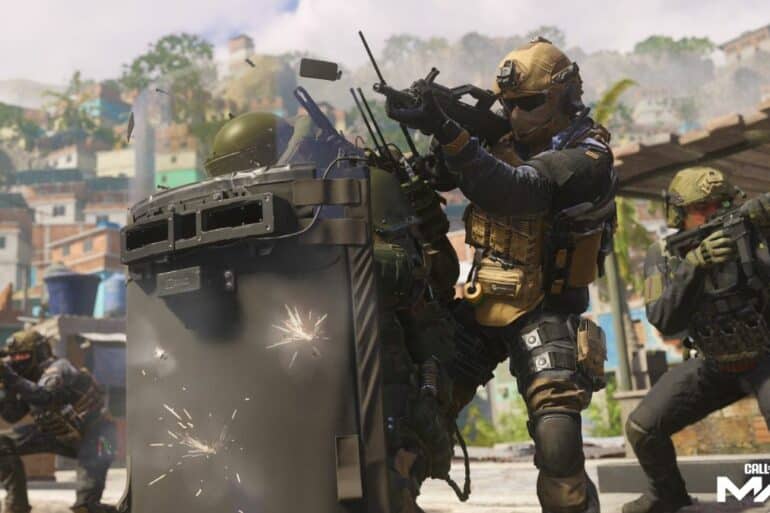 Soldiers shooting behind a shield in Modern Warfare 3
