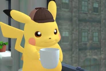 Detective Pikachu sipping a cup of coffee in Detective Pikachu Returns