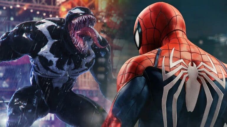 Venom from Marvel's Spider-Man 2 and Peter Parker from Marvel's Spider-Man 1