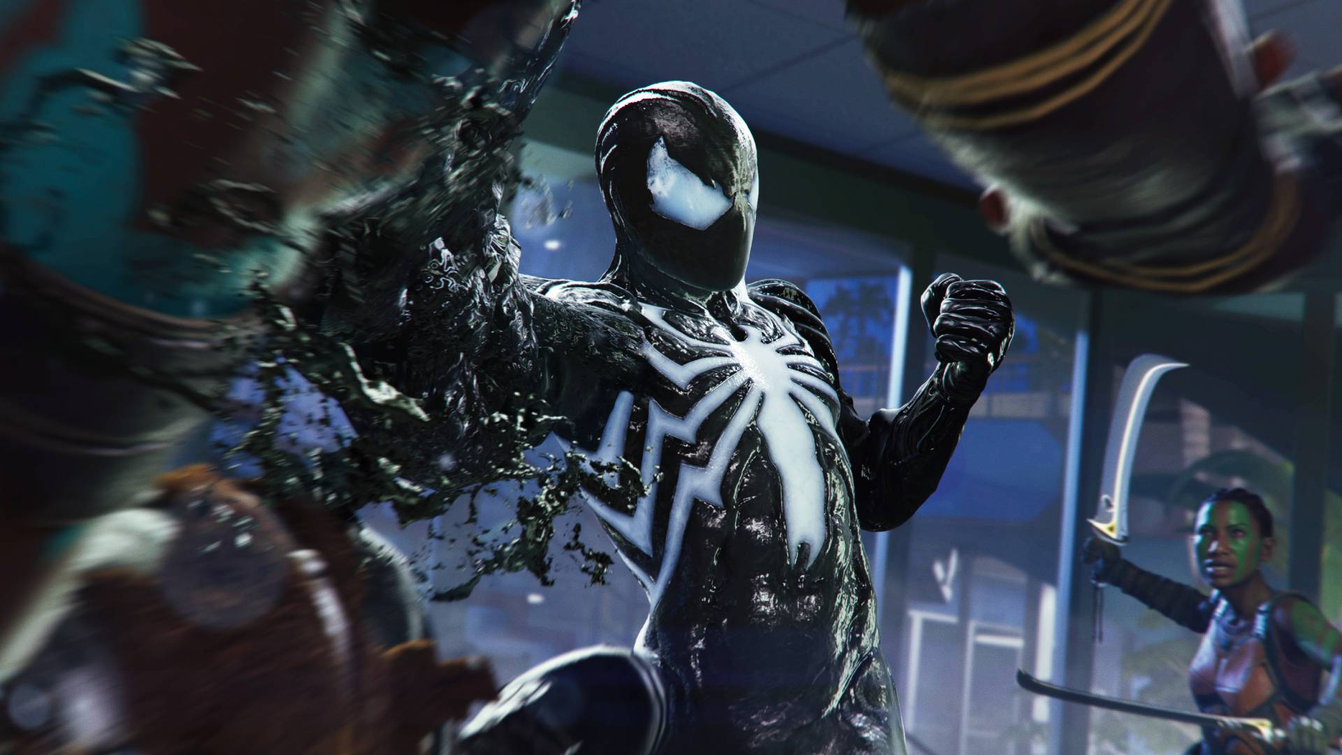 Peter in his Symbiote Suit fighting Hunters in Marvel's Spider-Man 2