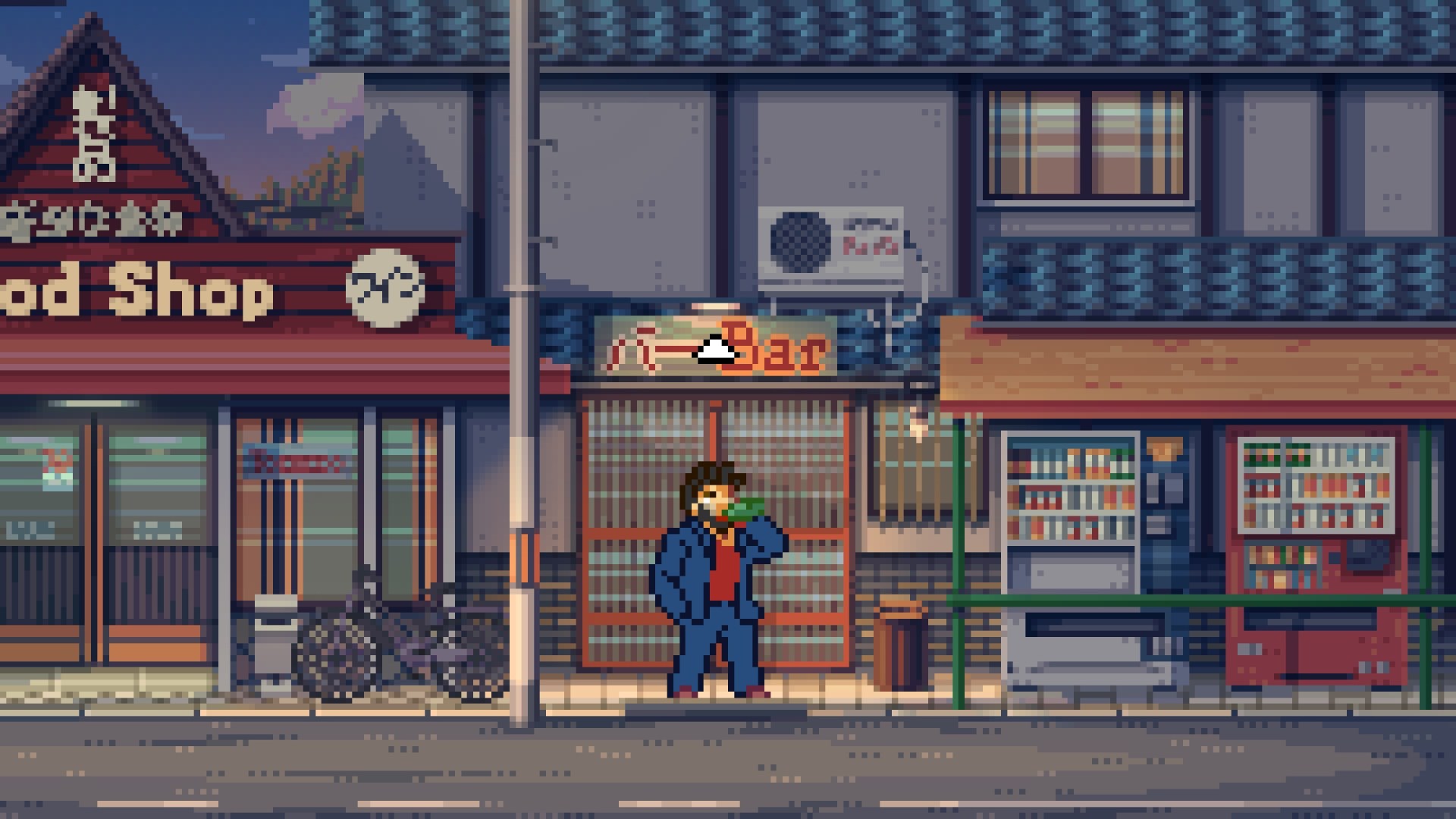 Seiji drinking outside of a bar in Fading Afternoon