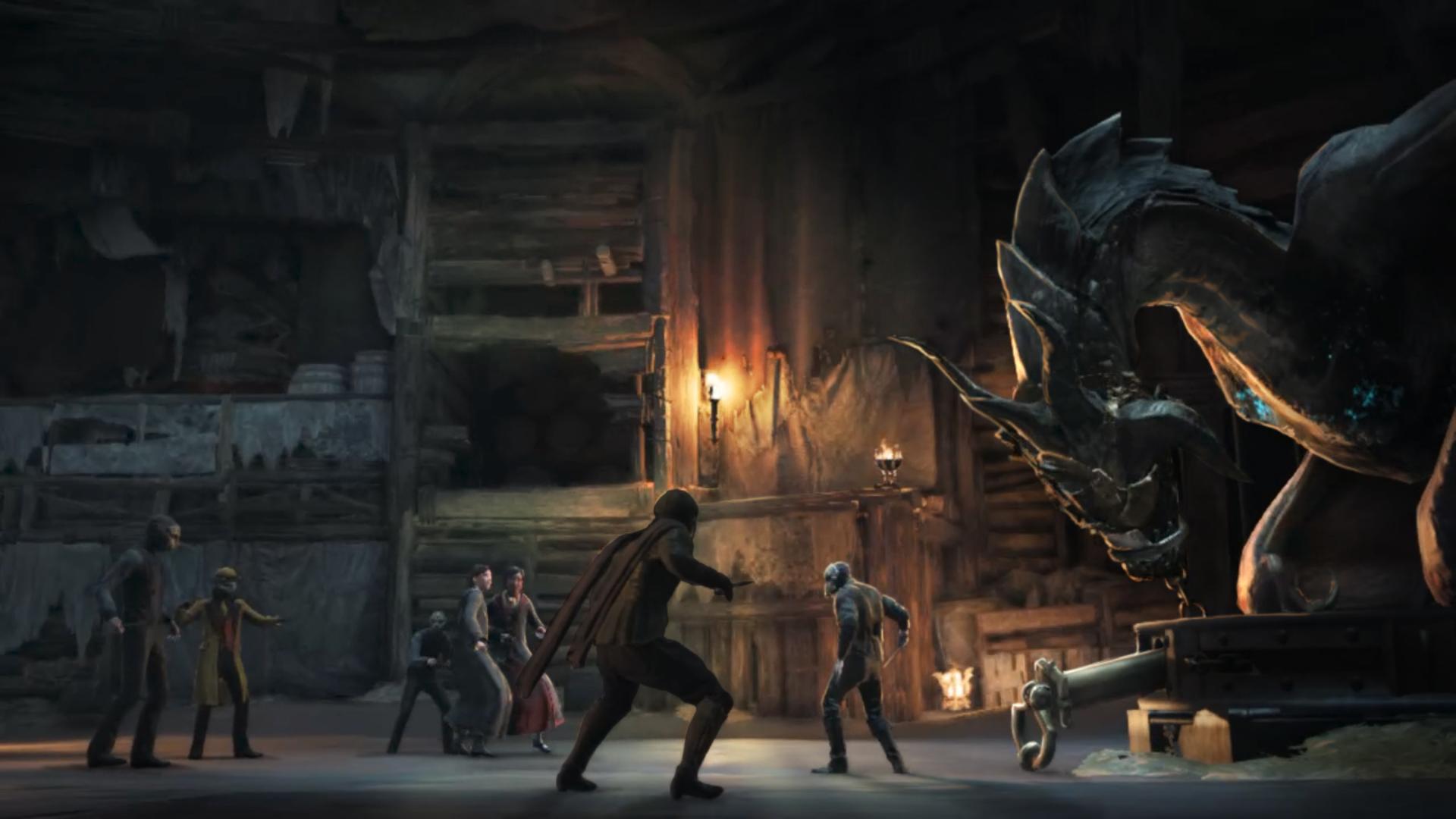 The player and a giant dragon in Hogwarts Legacy