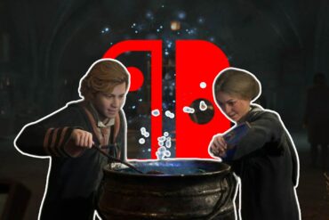 Students at a cauldron with the Nintendo Switch logo behind them.
