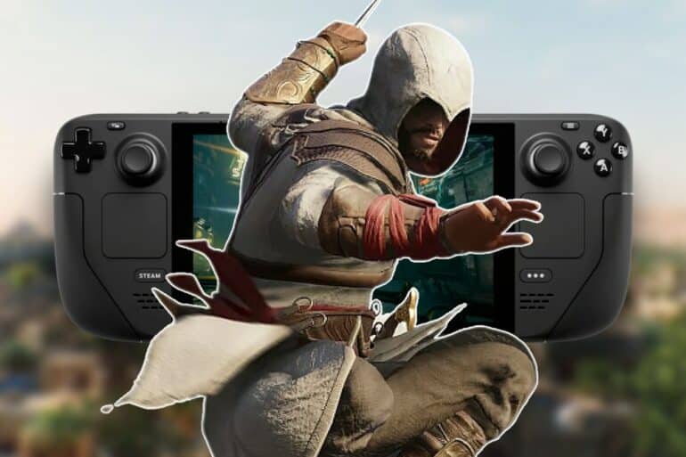 Basim from Assassin's Creed Mirage in front of a Steam Deck