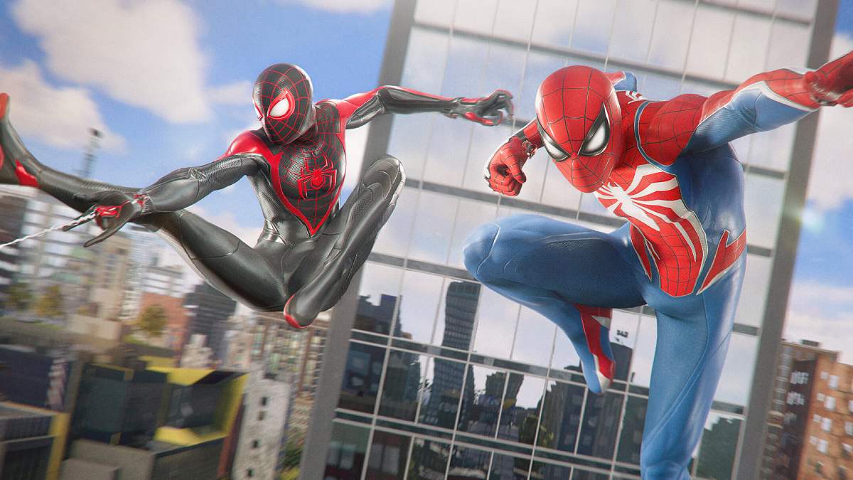 Miles Morales and Peter Parker swinging through New York in Marvel's Spider-Man 2