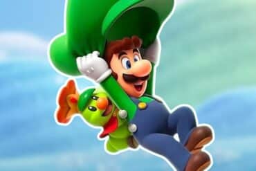 Luigi gliding on his hat with a caterpillar holding onto him in Super Mario Bros. Wonder