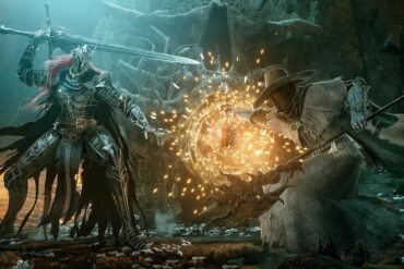 A mage in Lords of the fallen shooting fire at an enemy through a lantern