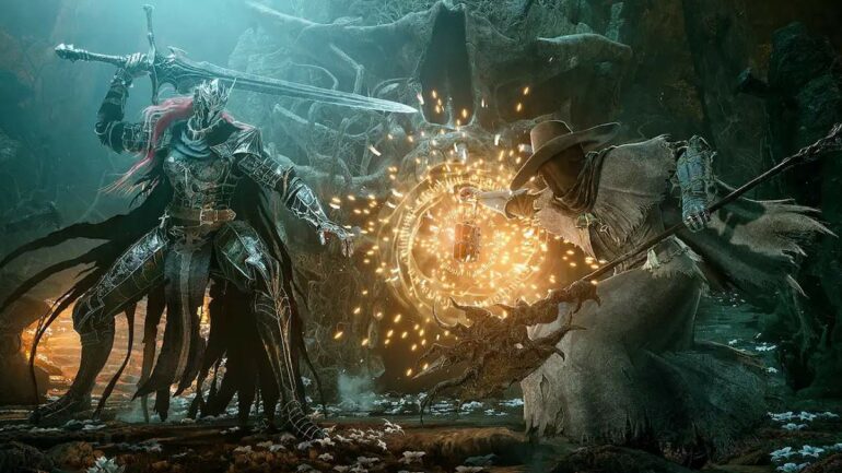 A mage in Lords of the fallen shooting fire at an enemy through a lantern