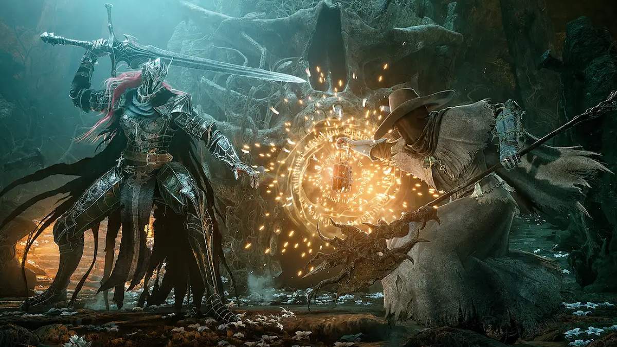 A mage in Lords of the fallen shooting fire at an enemy through a latern
