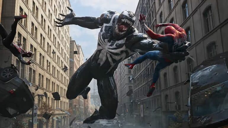 Venom grabbing Spider-Man in Marvel's Spider-Man 2