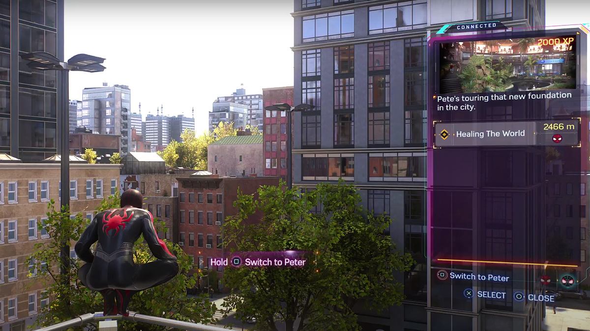 Miles perched on a rooftop in Marvel's Spider-Man 2