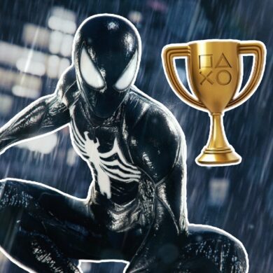 Black Suit Spider-Man next to the gold PS5 trophy