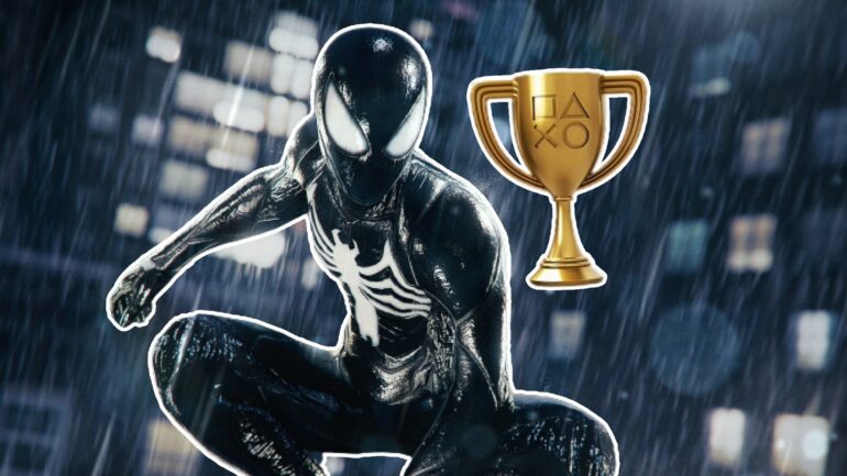 Black Suit Spider-Man next to the gold PS5 trophy