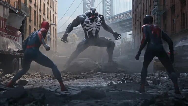 Venom fighting Miles and Peter in Marvel's Spider-Man