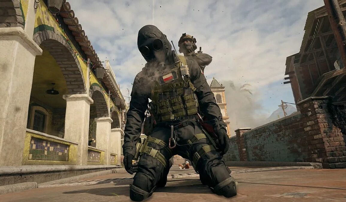 A soldier in a gasmask being shot in the back of the head in Modern Warfare 3