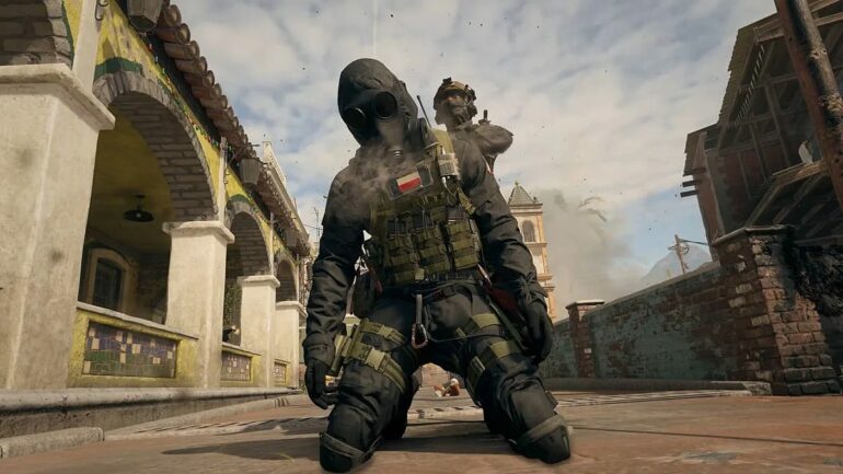 A soldier in a gasmask being shot in the back of the head in Modern Warfare 3