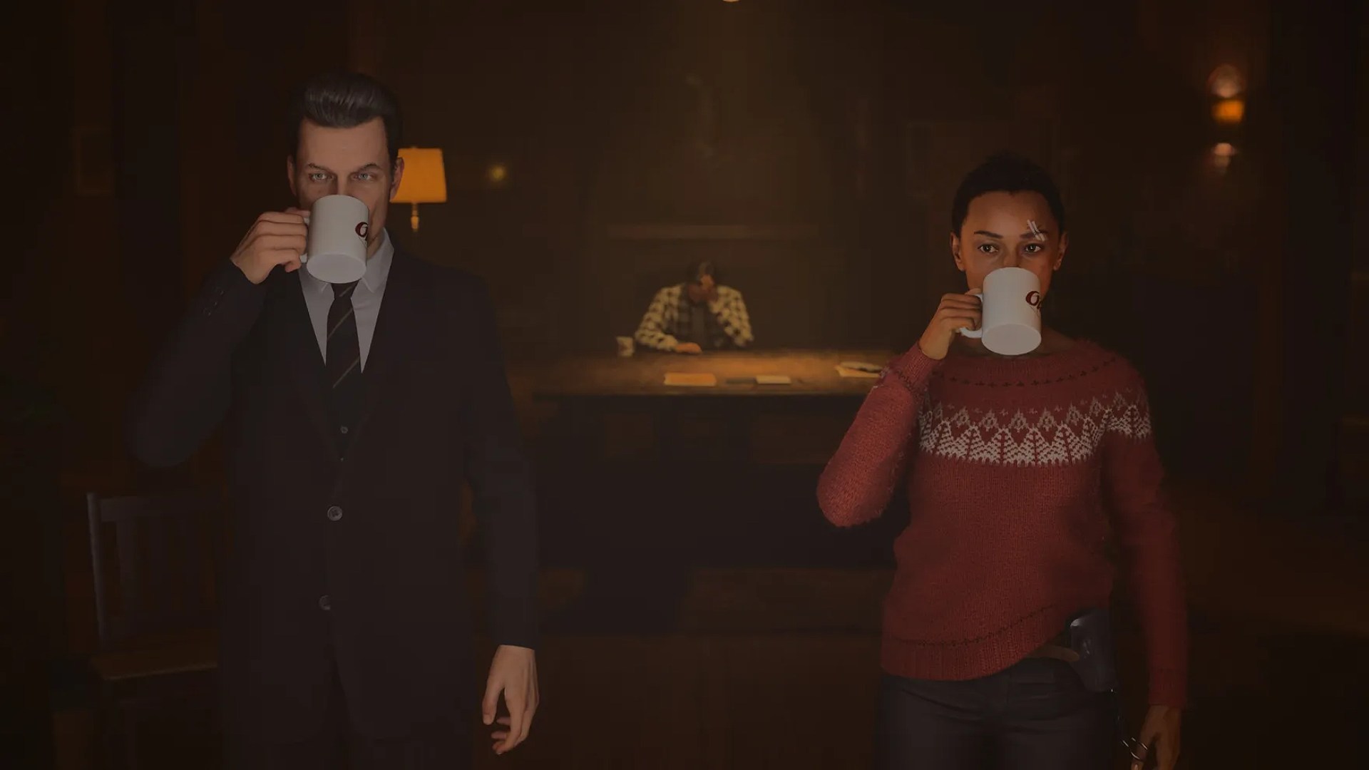 Saga and a detective sipping coffee in Alan Wake 2