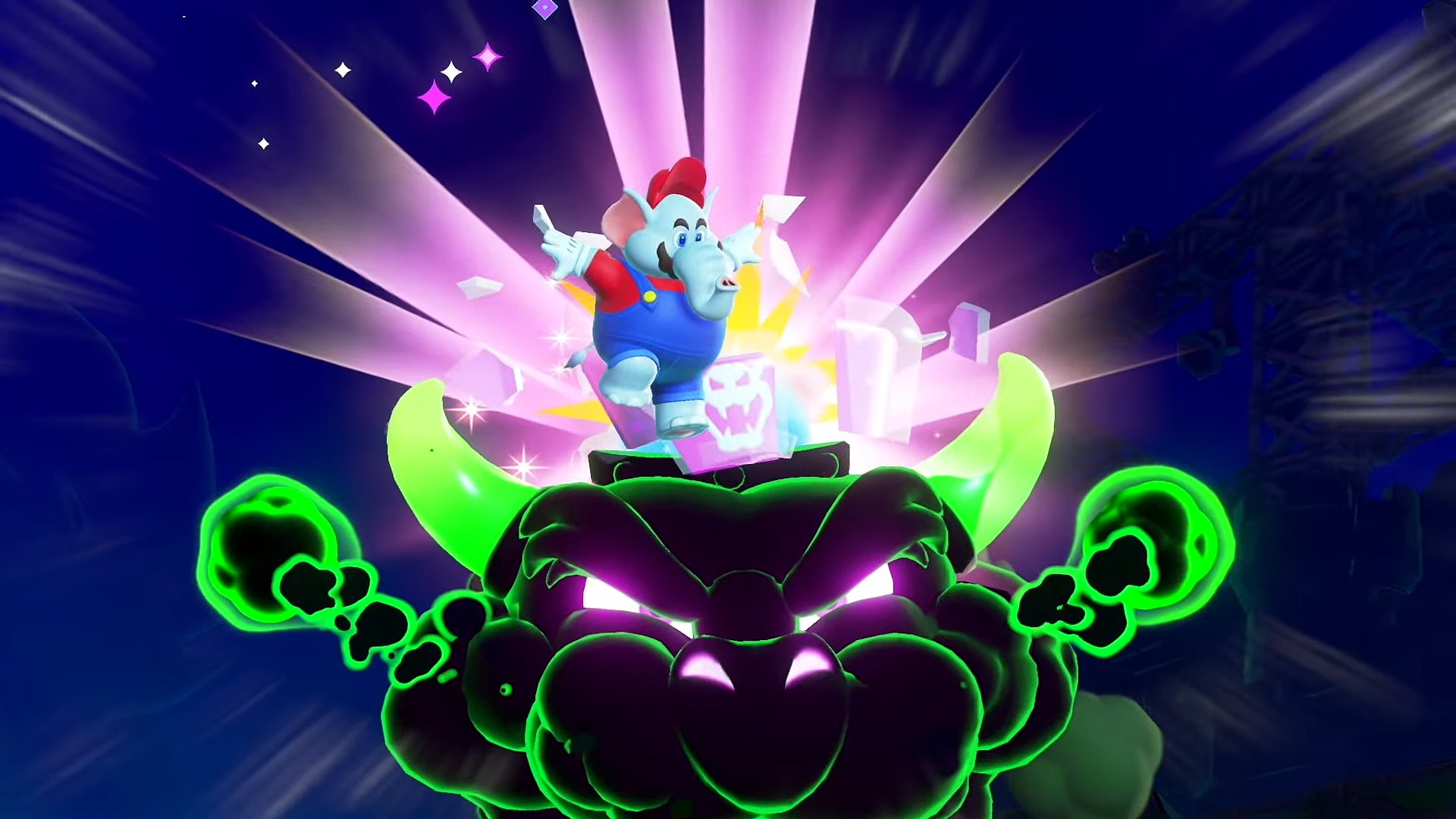 Mario in Elephant form jumping on top of Bowser's head in Super Mario Bros. Wonder