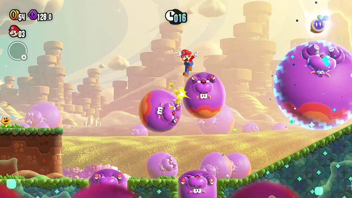 Mario jumping on purple balls in Super Mario Bros. Wonder