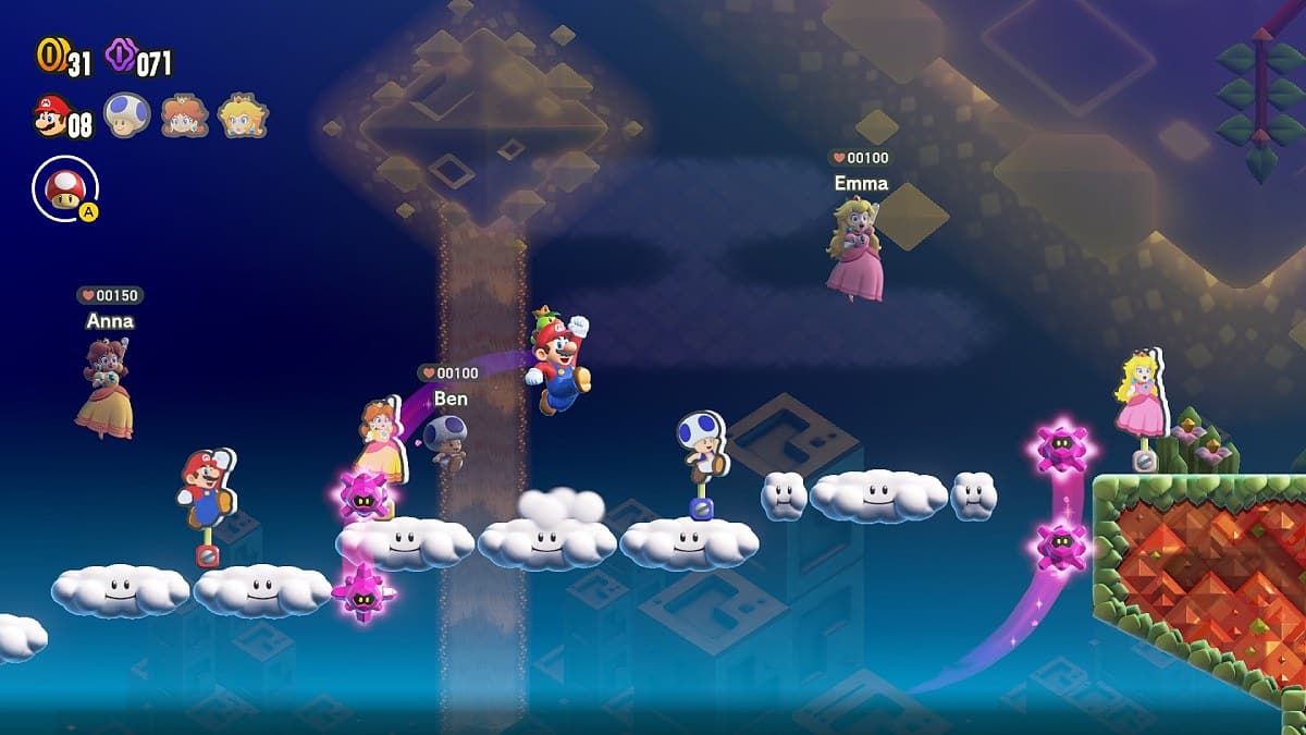 Mario and Peach jumping on platforms in Super Mario Bros. Wonder