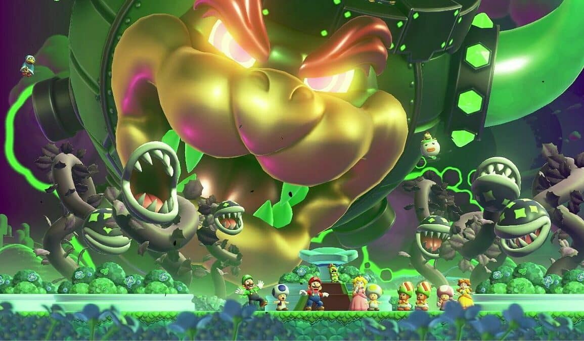 A giant Bowser with glowing eyes looking at Mario in Super Mario Bros. Wonder