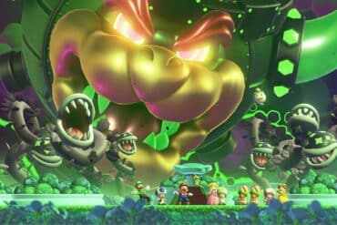 A giant Bowser with glowing eyes looking at Mario in Super Mario Bros. Wonder