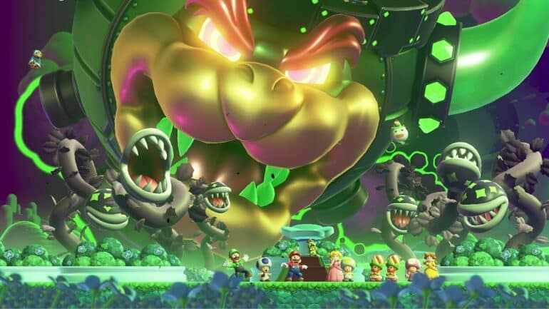 A giant Bowser with glowing eyes looking at Mario in Super Mario Bros. Wonder