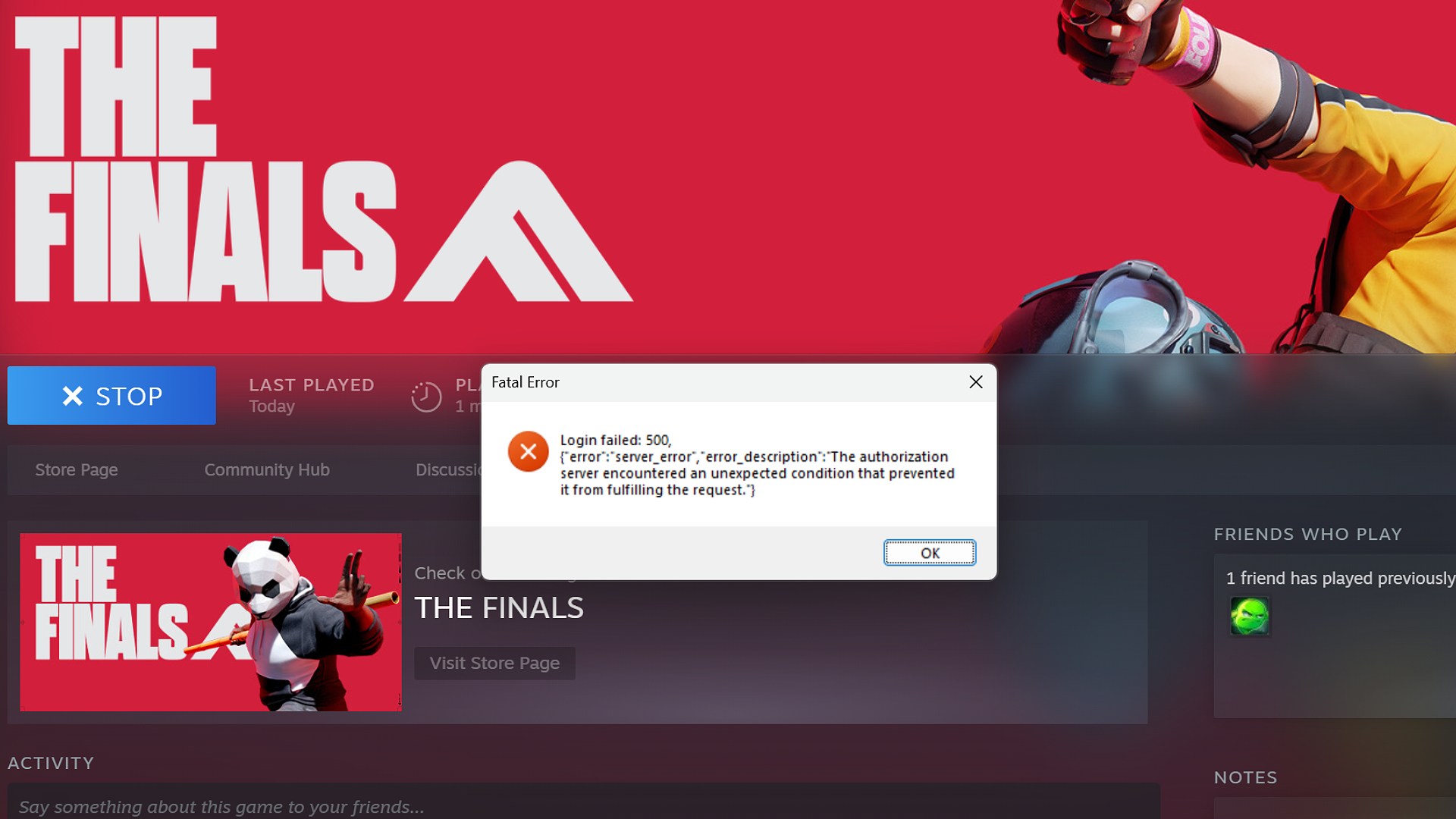 The Login 500 error for The Finals