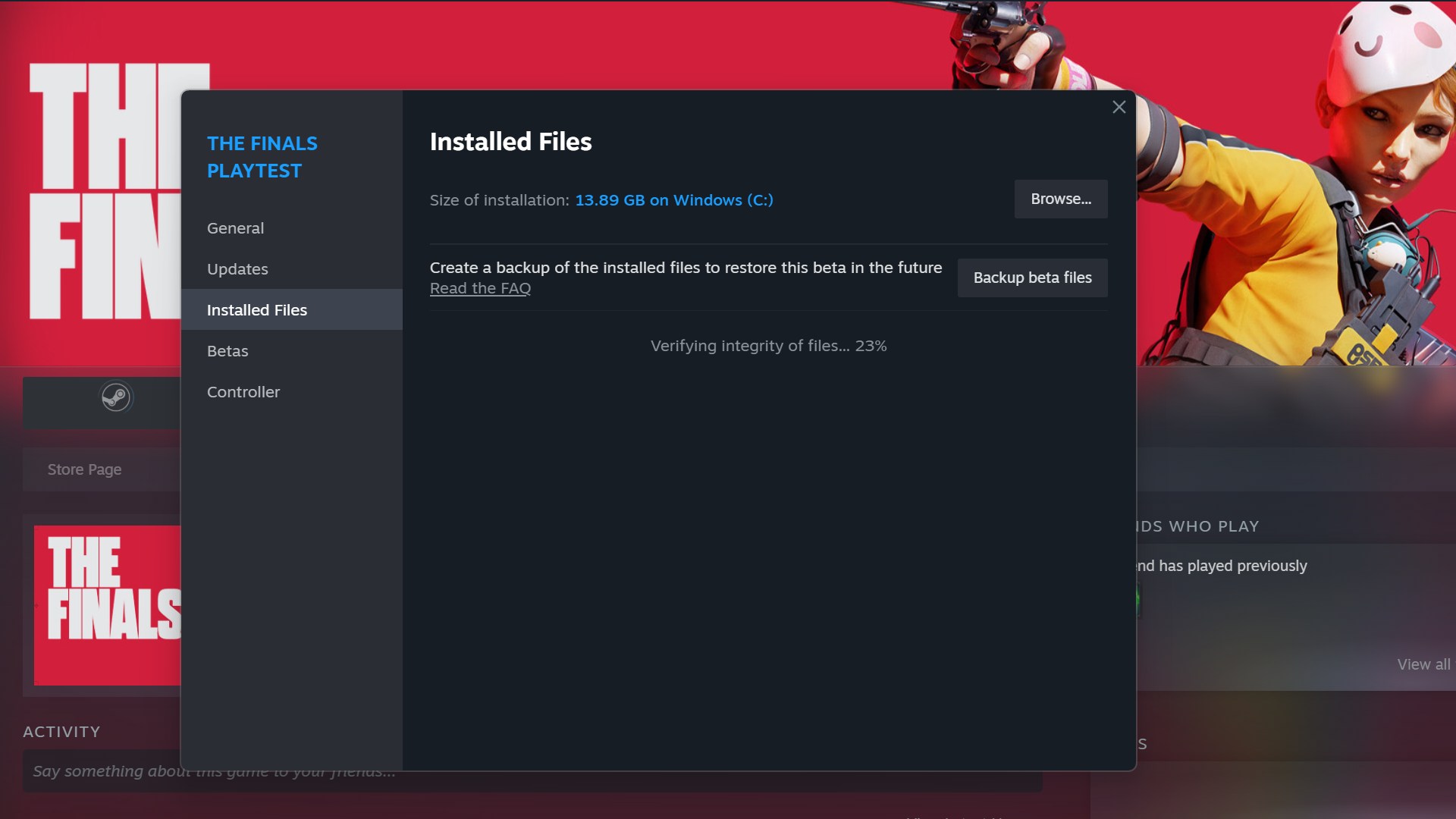 The installed files section for The Finals on Steam