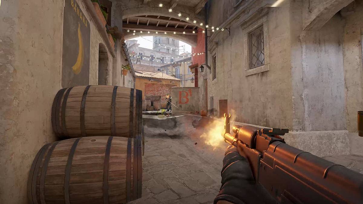 Player shooting a gun down a hallway in CS2