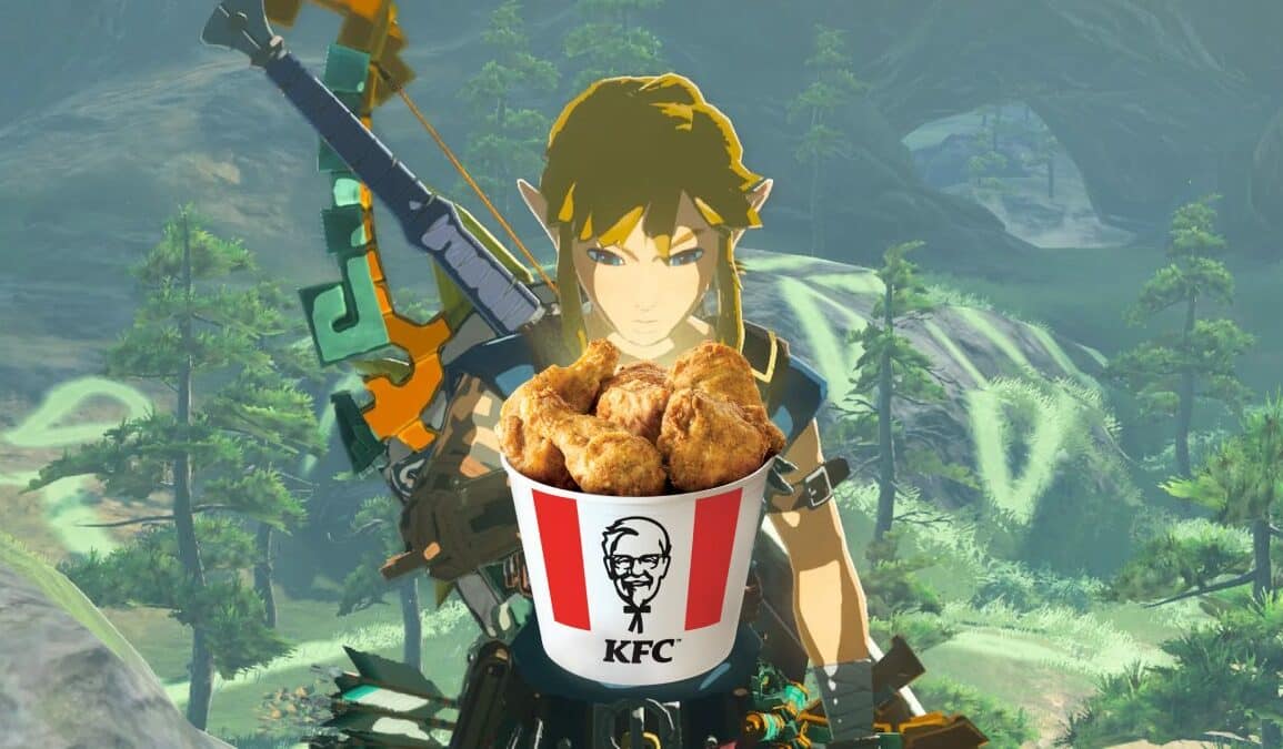 Link looking down at a glowing bucket of KFC chicken in TOTK
