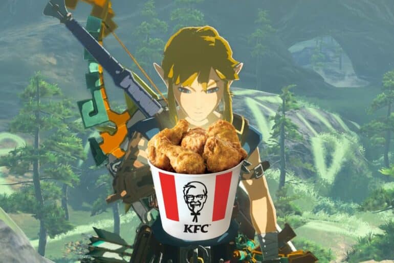 Link looking down at a glowing bucket of KFC chicken in TOTK