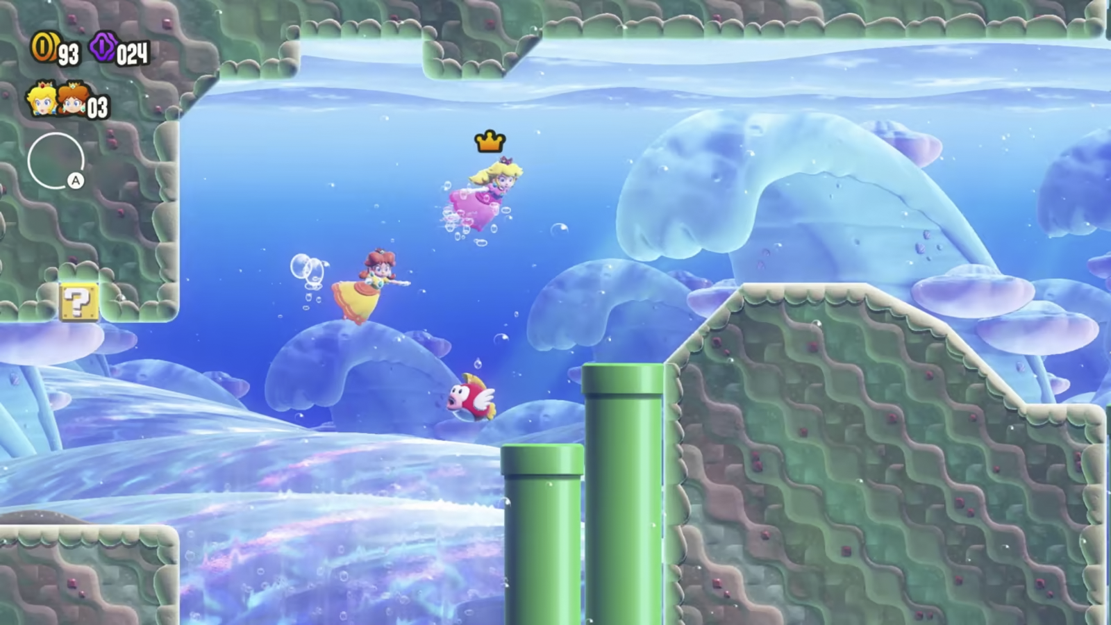 Super Mario Bros. Wonder In-game Screenshot of characters swimming and following the crown player