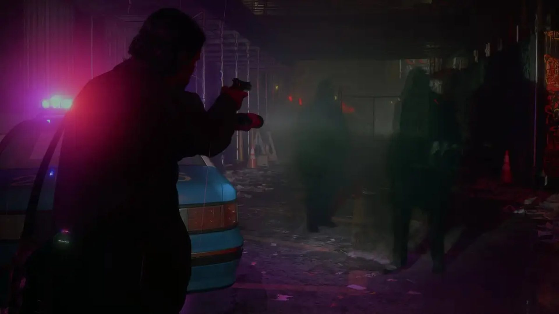 Alan Wake holding a gun at shadows in Alan Wake 2