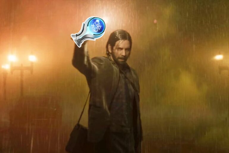 Alan Wake holding a Platinum trophy in Alan Wake 2