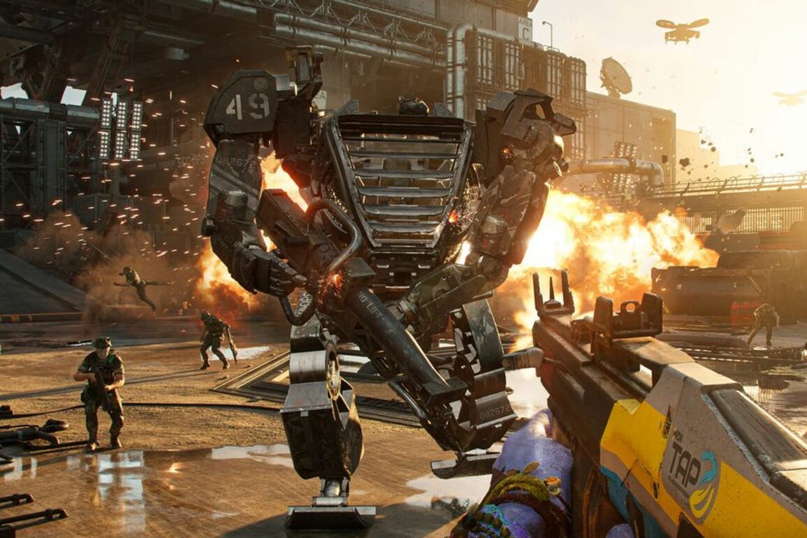 player shooting a mech in Avatar: Frontiers of Pandora