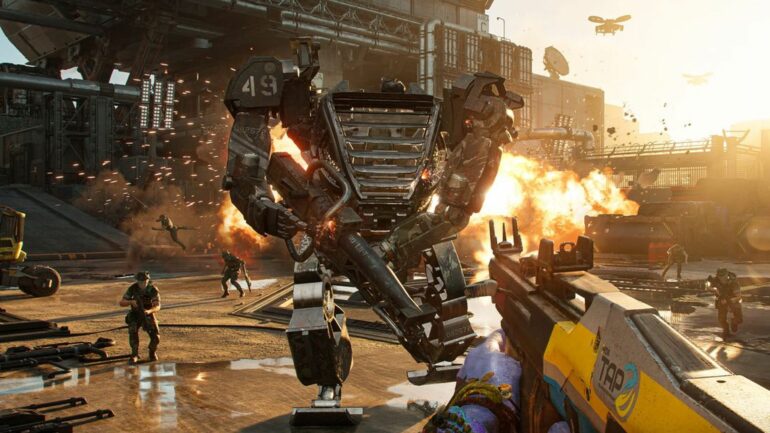 player shooting a mech in Avatar: Frontiers of Pandora