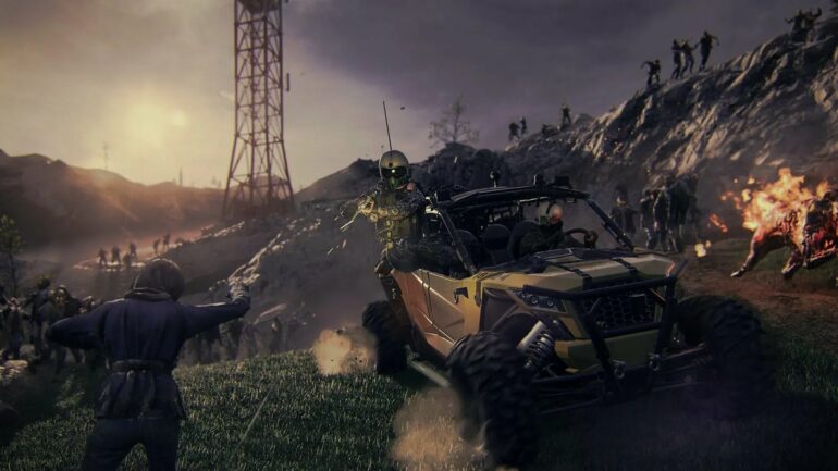 Players in a buggy shooting zombies in MW3 Zombies