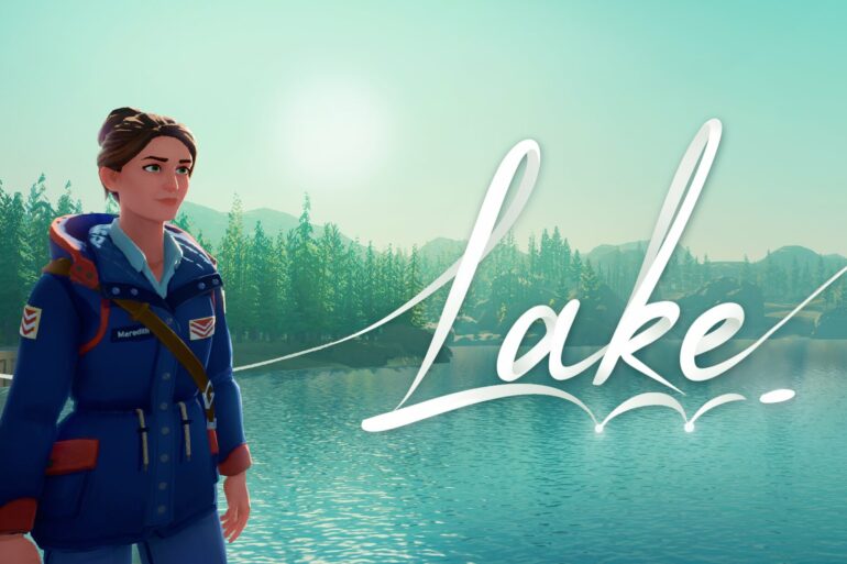 Meredith standing next to the Lake logo