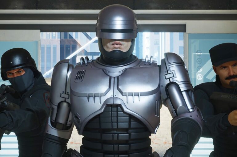 RoboCop surrounded by soldiers in RoboCop Rogue City
