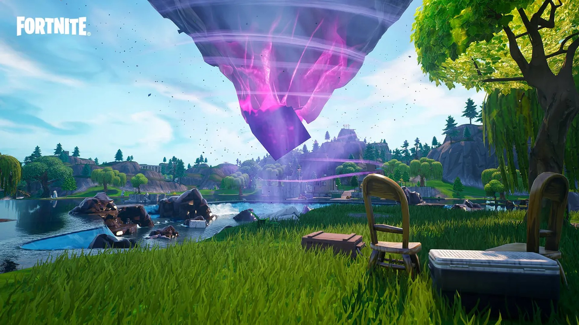 Kevin the Cube above Loot Lake in Fortnite
